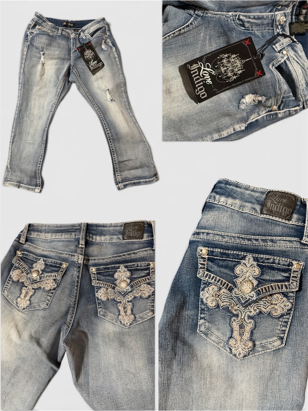 Love Indigo Women's Light Blue Distressed Capris with Embroidered Pockets